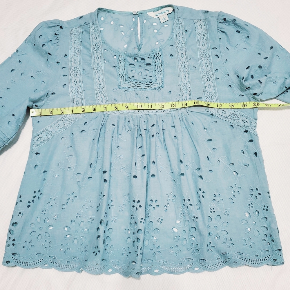 Womens Light Blue Eyelet Lace Peasant Top - Picture 7 of 9